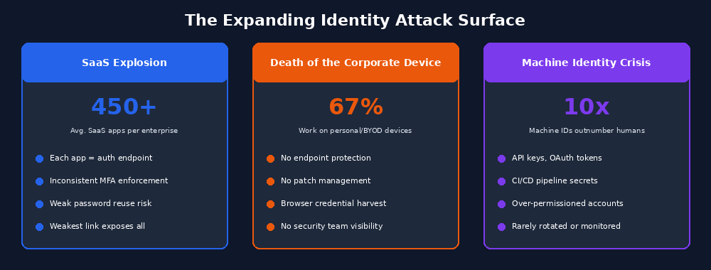 Graphic showing the expanding identity attack surface across SaaS, devices, and machine identities