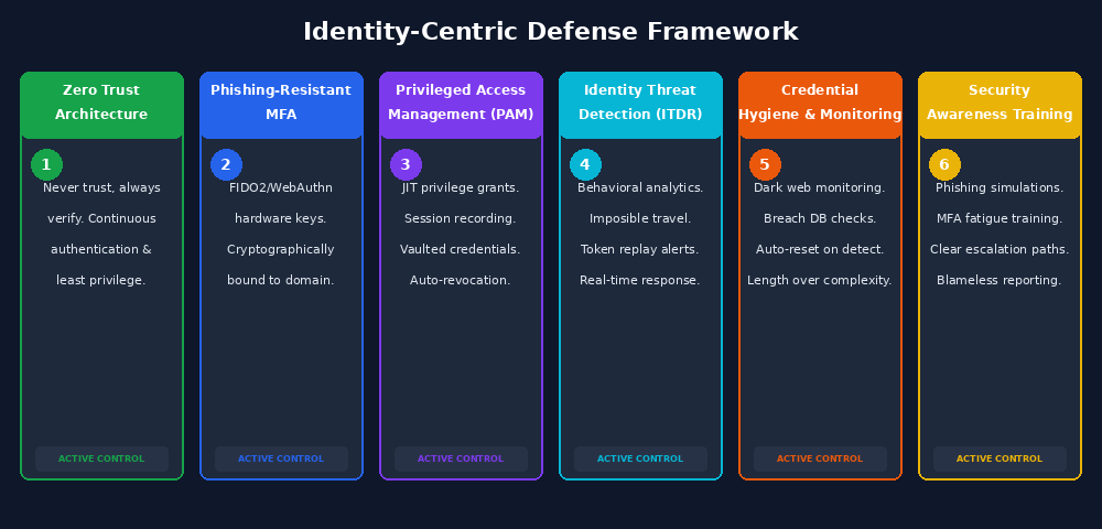 Six-part identity defense framework covering Zero Trust, phishing-resistant MFA, privileged access, detection, credential hygiene, and awareness training