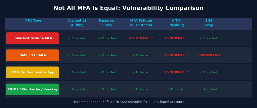 Comparison of MFA methods and their resistance to credential stuffing, password spraying, MFA fatigue, adversary-in-the-middle phishing, and SIM swapping